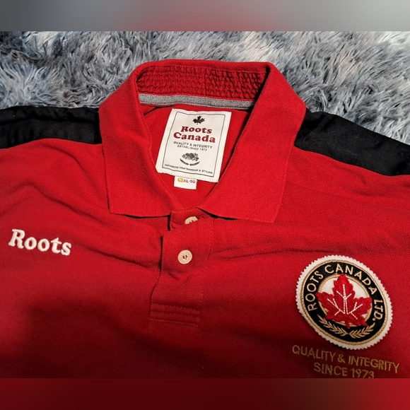 Roots Canada Men's Polo Shirt S/S Made in Canada Flag Patch Red HQ Size XL - Picture 7 of 7